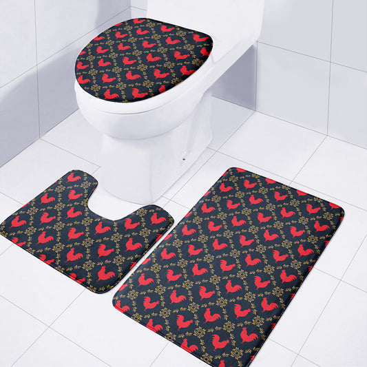 Red Rooster Pattern Print 3 Piece Bath Mat Set