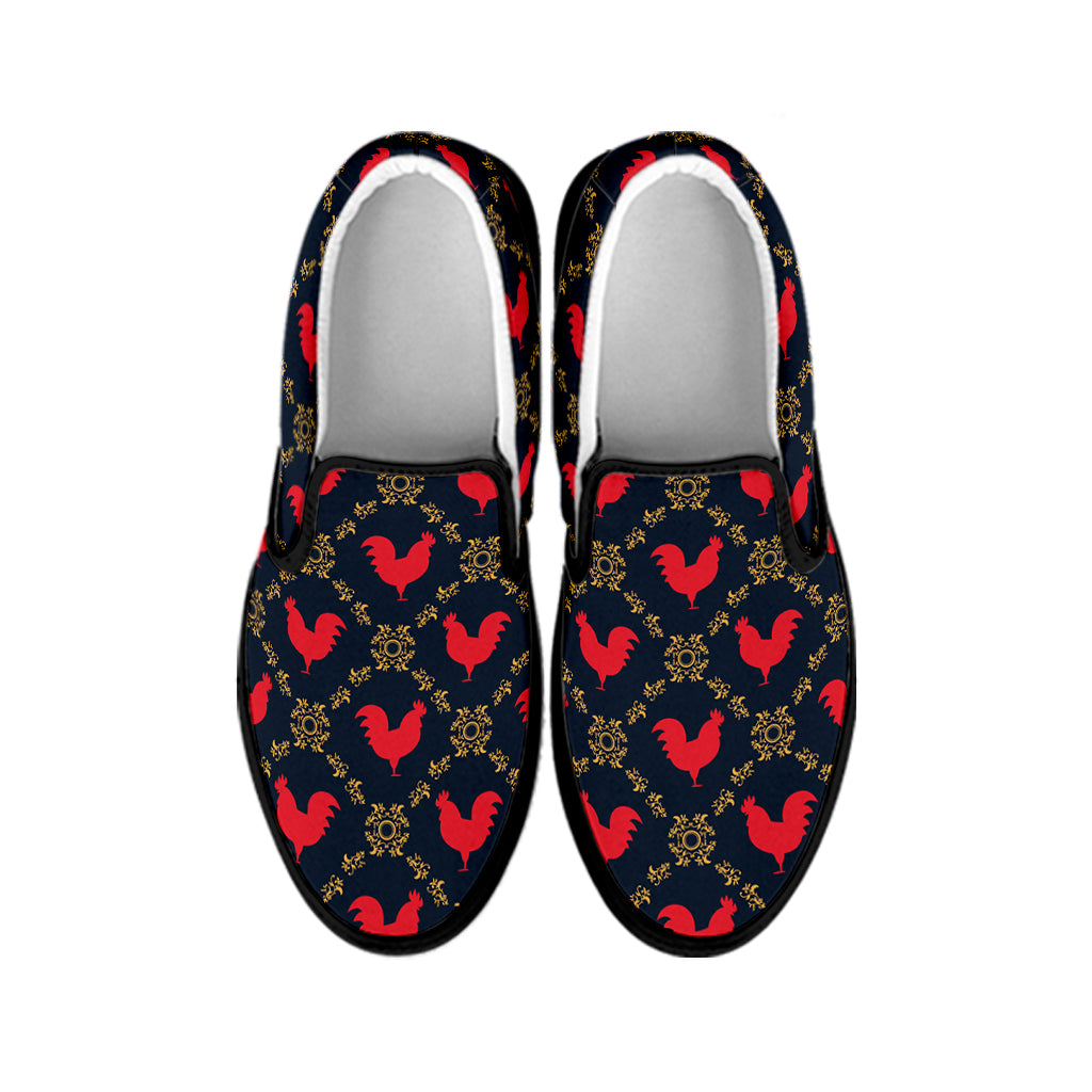 Red Rooster Pattern Print Black Slip On Shoes