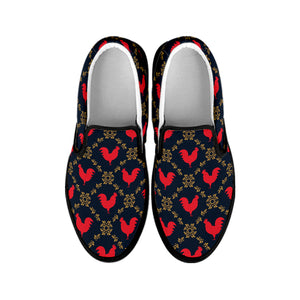 Red Rooster Pattern Print Black Slip On Shoes