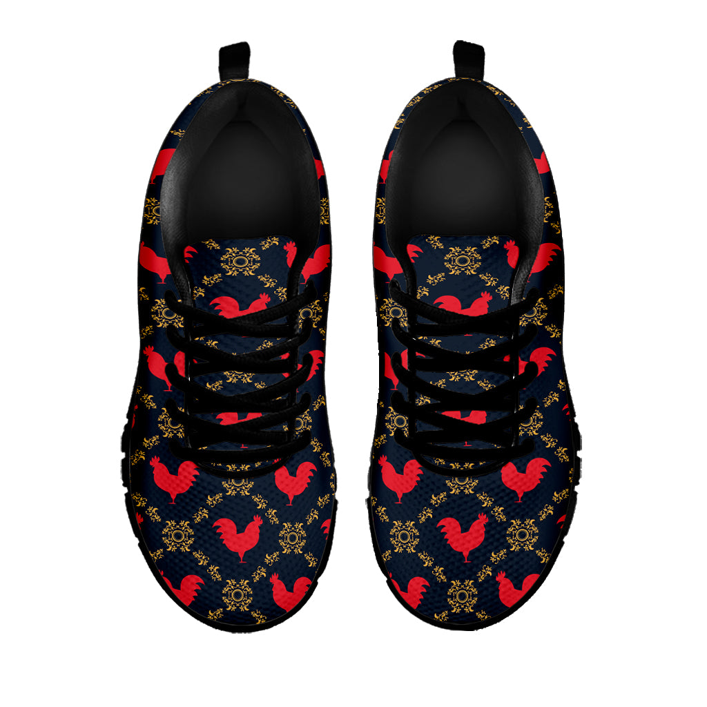 Red Rooster Pattern Print Black Sneakers