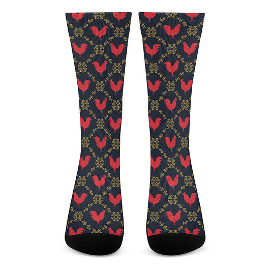 Red Rooster Pattern Print Crew Socks