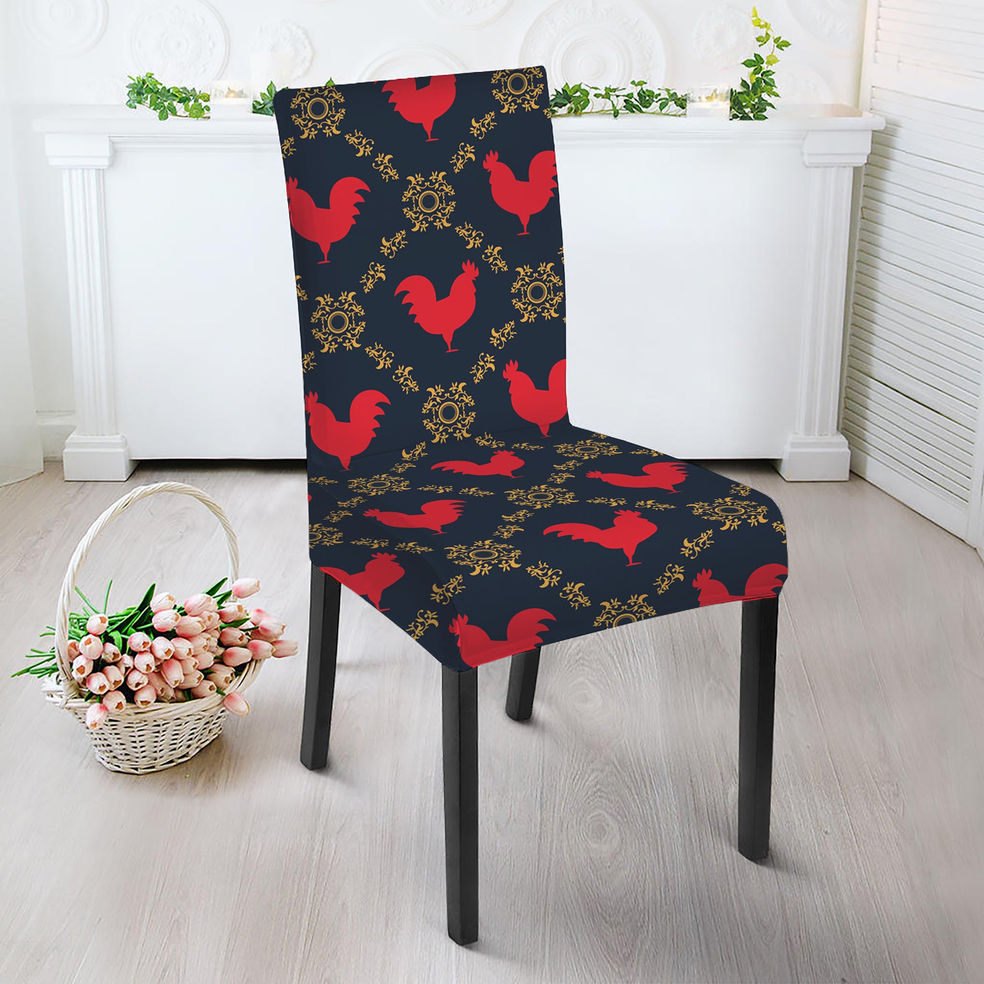 Red Rooster Pattern Print Dining Chair Slipcover