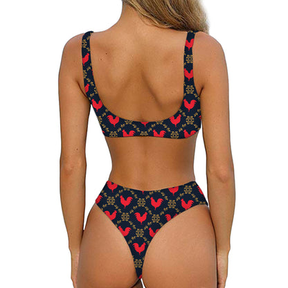 Red Rooster Pattern Print Front Bow Tie Bikini