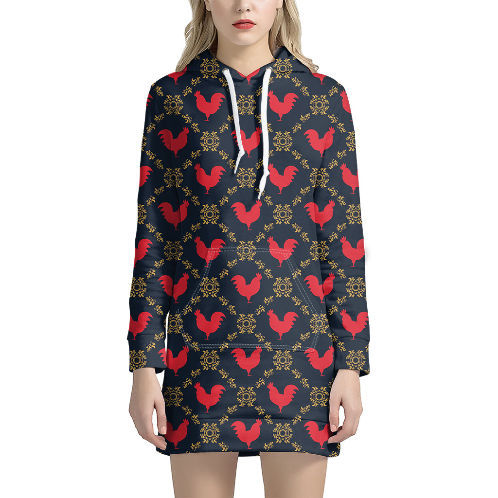 Red Rooster Pattern Print Hoodie Dress