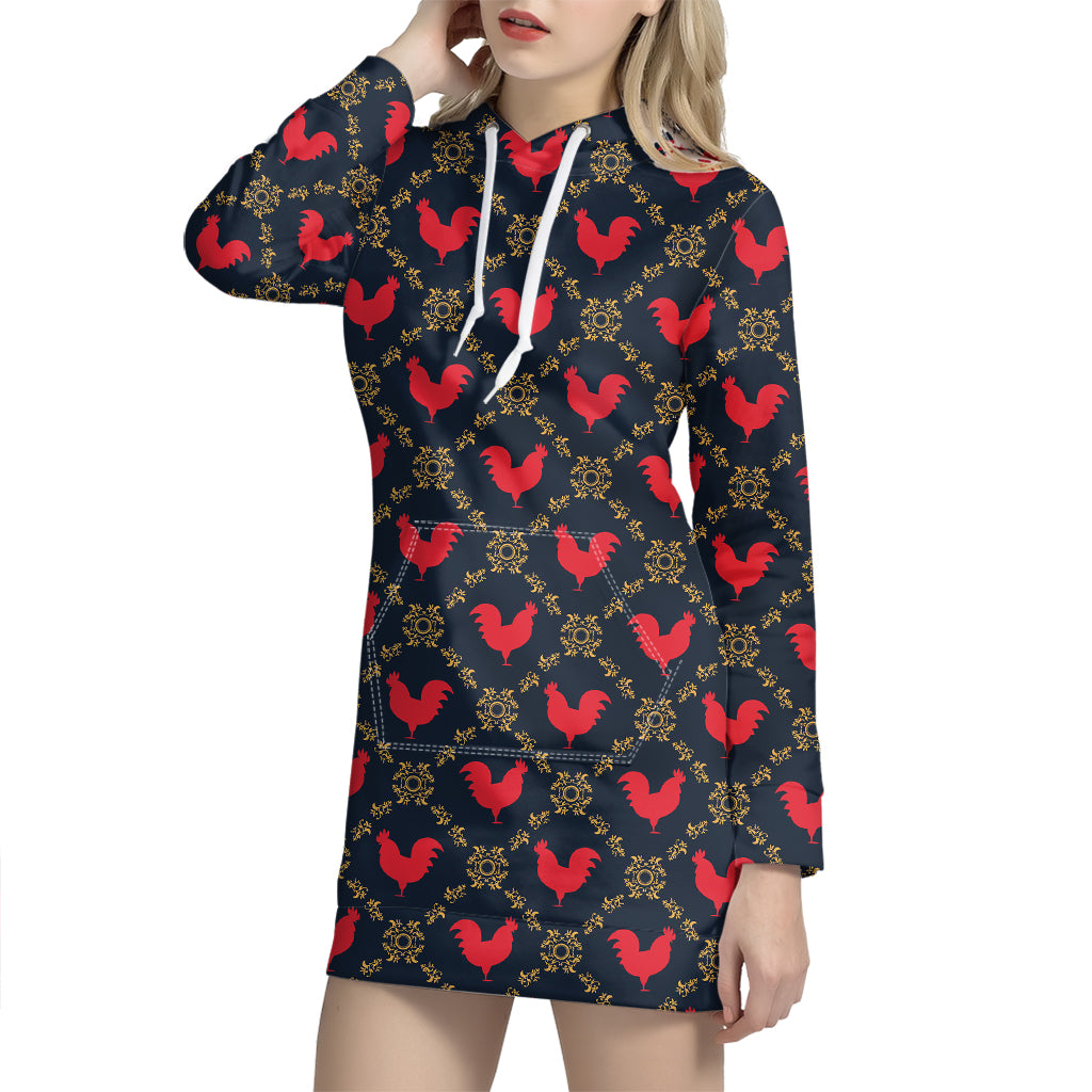 Red Rooster Pattern Print Hoodie Dress