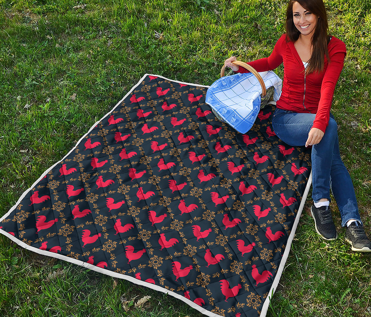 Red Rooster Pattern Print Quilt