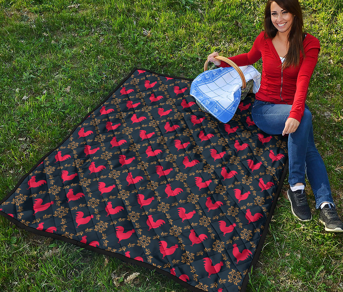 Red Rooster Pattern Print Quilt