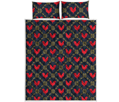 Red Rooster Pattern Print Quilt Bed Set