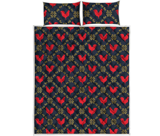 Red Rooster Pattern Print Quilt Bed Set