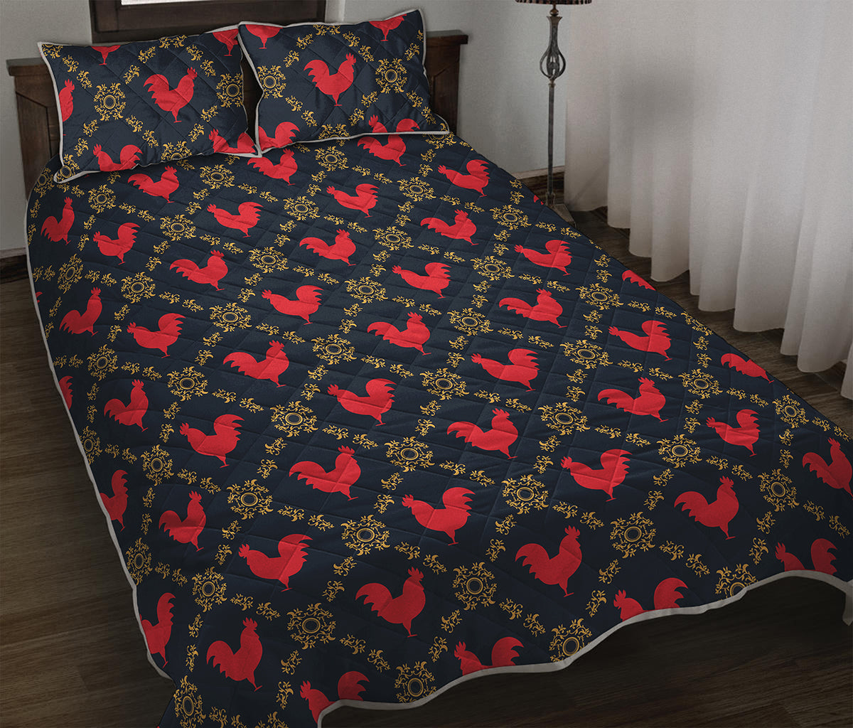 Red Rooster Pattern Print Quilt Bed Set