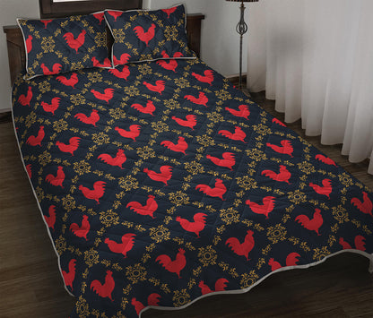 Red Rooster Pattern Print Quilt Bed Set