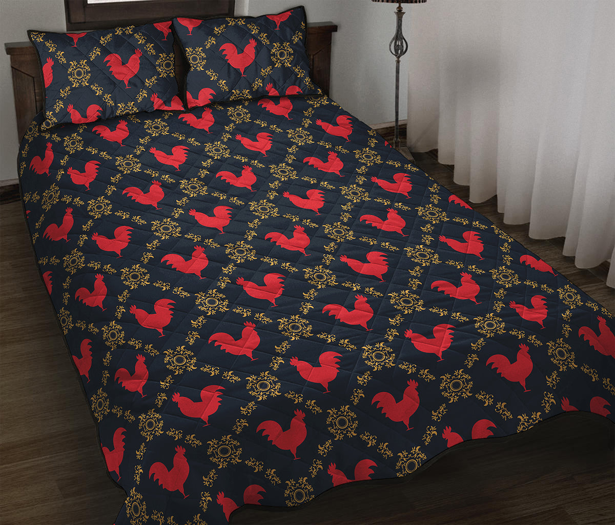 Red Rooster Pattern Print Quilt Bed Set