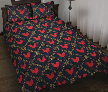 Red Rooster Pattern Print Quilt Bed Set