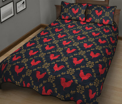 Red Rooster Pattern Print Quilt Bed Set