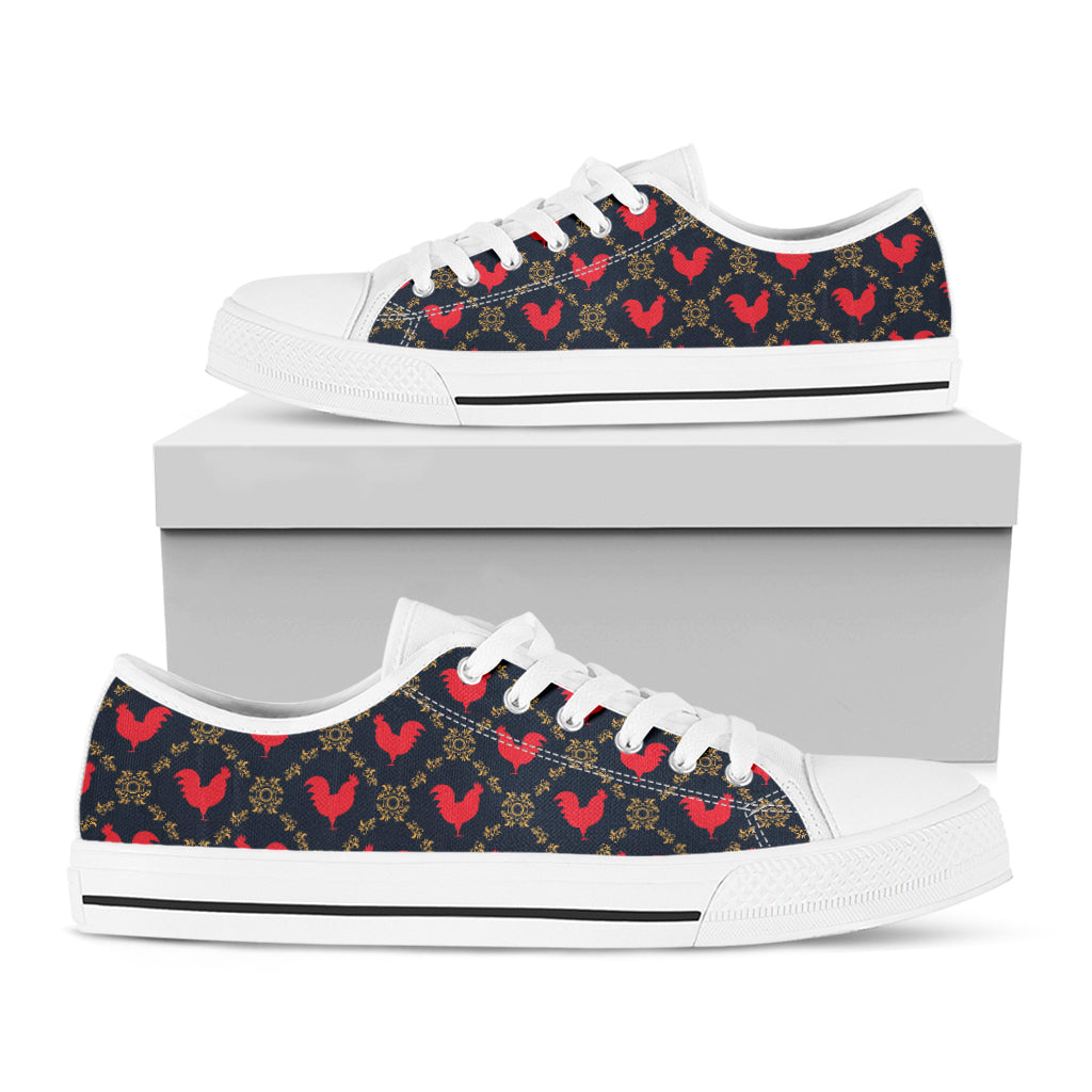 Red Rooster Pattern Print White Low Top Shoes