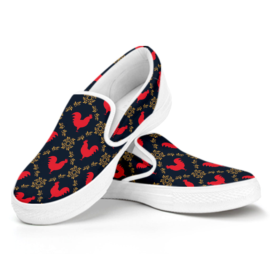 Red Rooster Pattern Print White Slip On Shoes