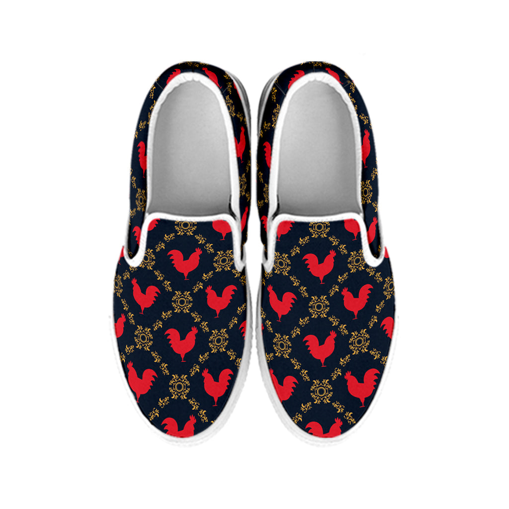 Red Rooster Pattern Print White Slip On Shoes