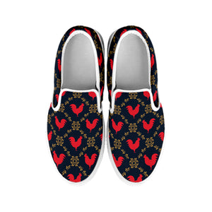 Red Rooster Pattern Print White Slip On Shoes