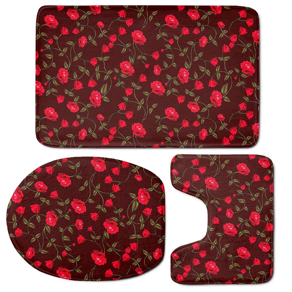 Red Rose Floral Flower Pattern Print 3 Piece Bath Mat Set