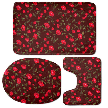 Red Rose Floral Flower Pattern Print 3 Piece Bath Mat Set