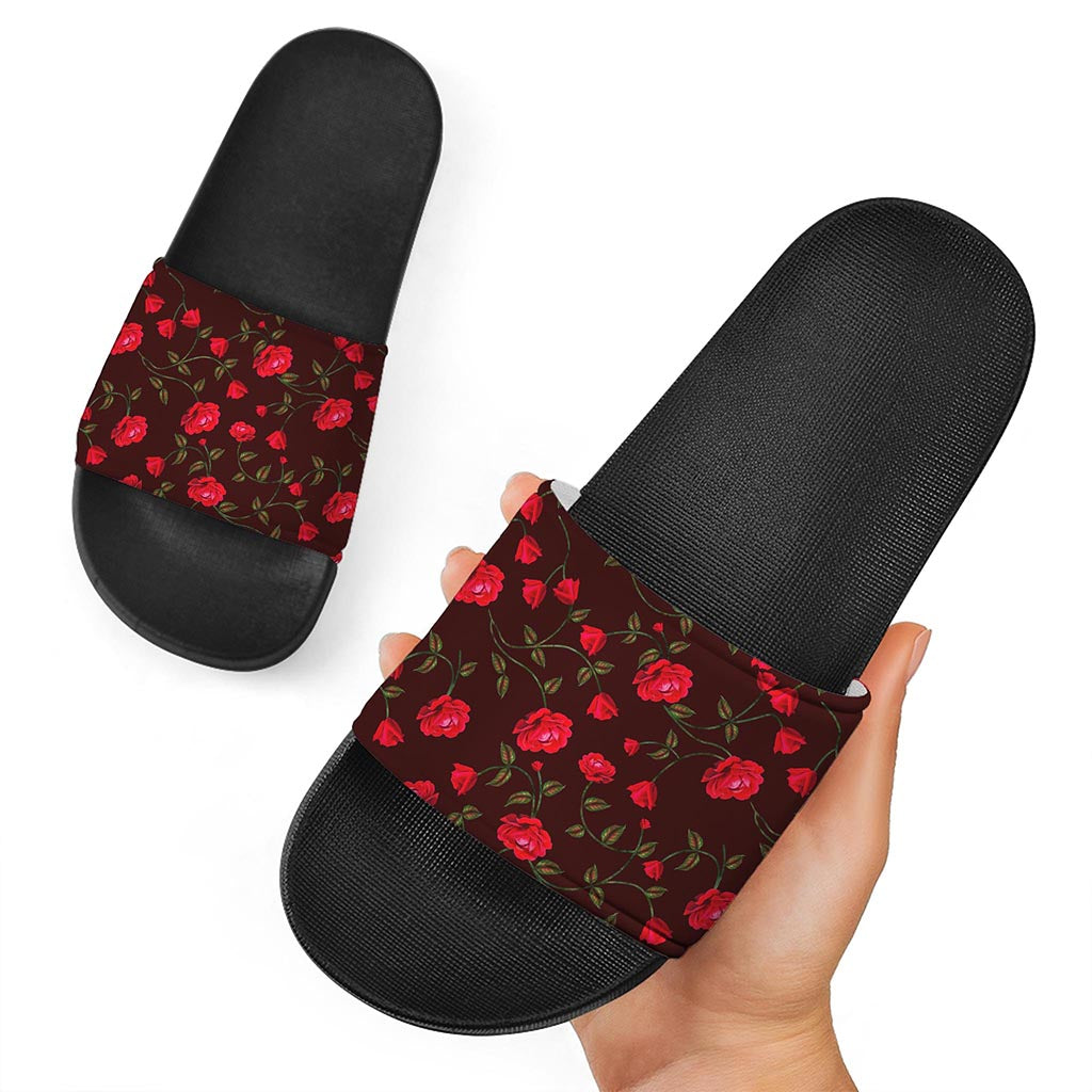 Red Rose Floral Flower Pattern Print Black Slide Sandals