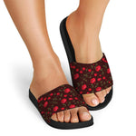 Red Rose Floral Flower Pattern Print Black Slide Sandals