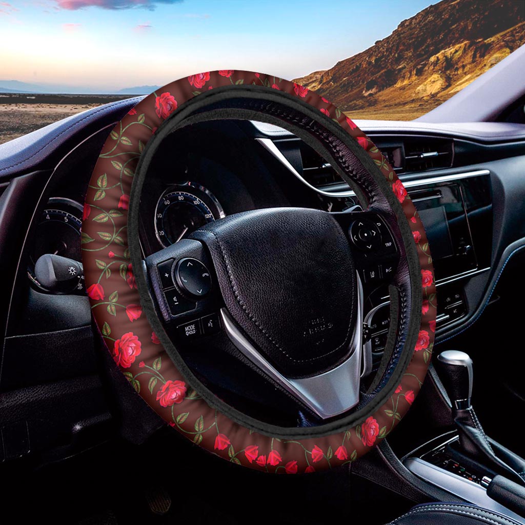 Red Rose Floral Flower Pattern Print Car Steering Wheel Cover