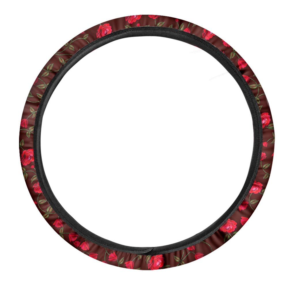 Red Rose Floral Flower Pattern Print Car Steering Wheel Cover