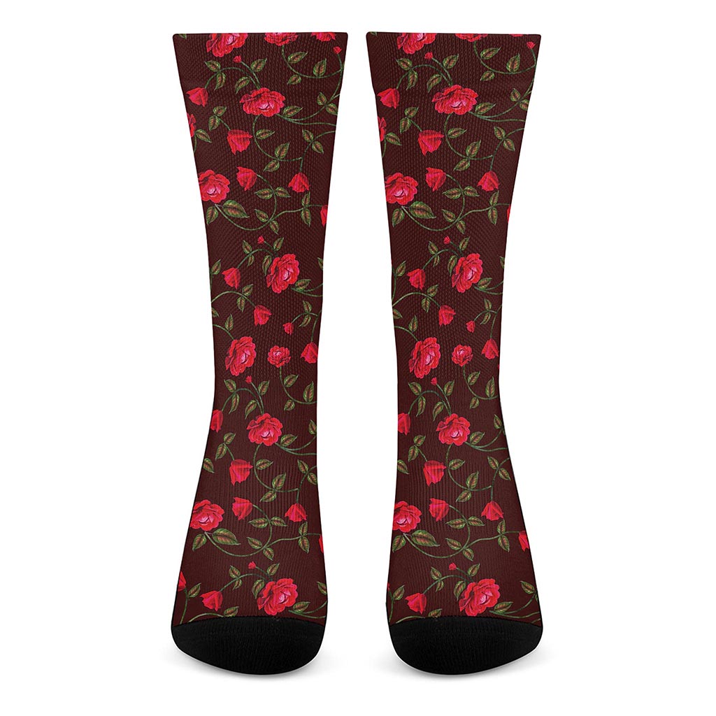 Red Rose Floral Flower Pattern Print Crew Socks