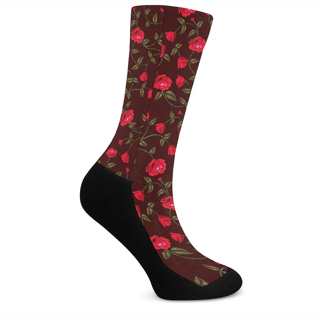 Red Rose Floral Flower Pattern Print Crew Socks