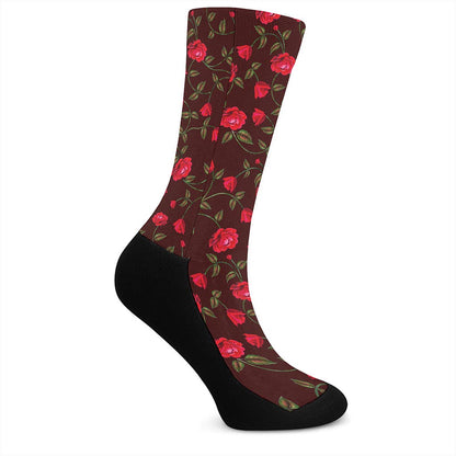 Red Rose Floral Flower Pattern Print Crew Socks