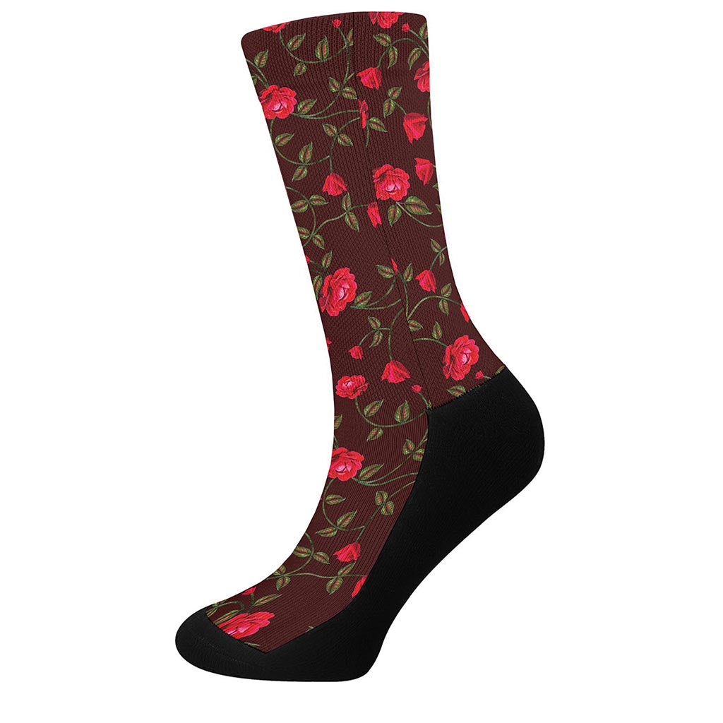 Red Rose Floral Flower Pattern Print Crew Socks
