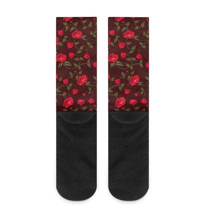 Red Rose Floral Flower Pattern Print Crew Socks