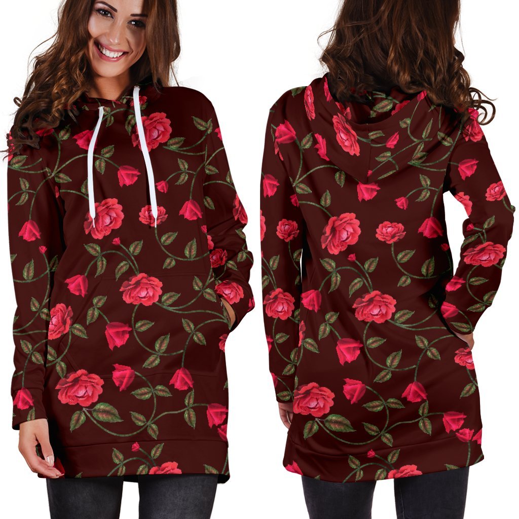 Red Rose Floral Flower Pattern Print Hoodie Dress GearFrost