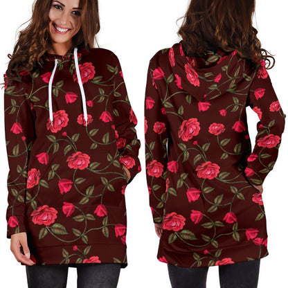 Red Rose Floral Flower Pattern Print Hoodie Dress GearFrost