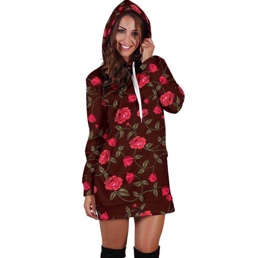 Red Rose Floral Flower Pattern Print Hoodie Dress GearFrost