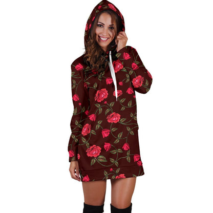 Red Rose Floral Flower Pattern Print Hoodie Dress GearFrost