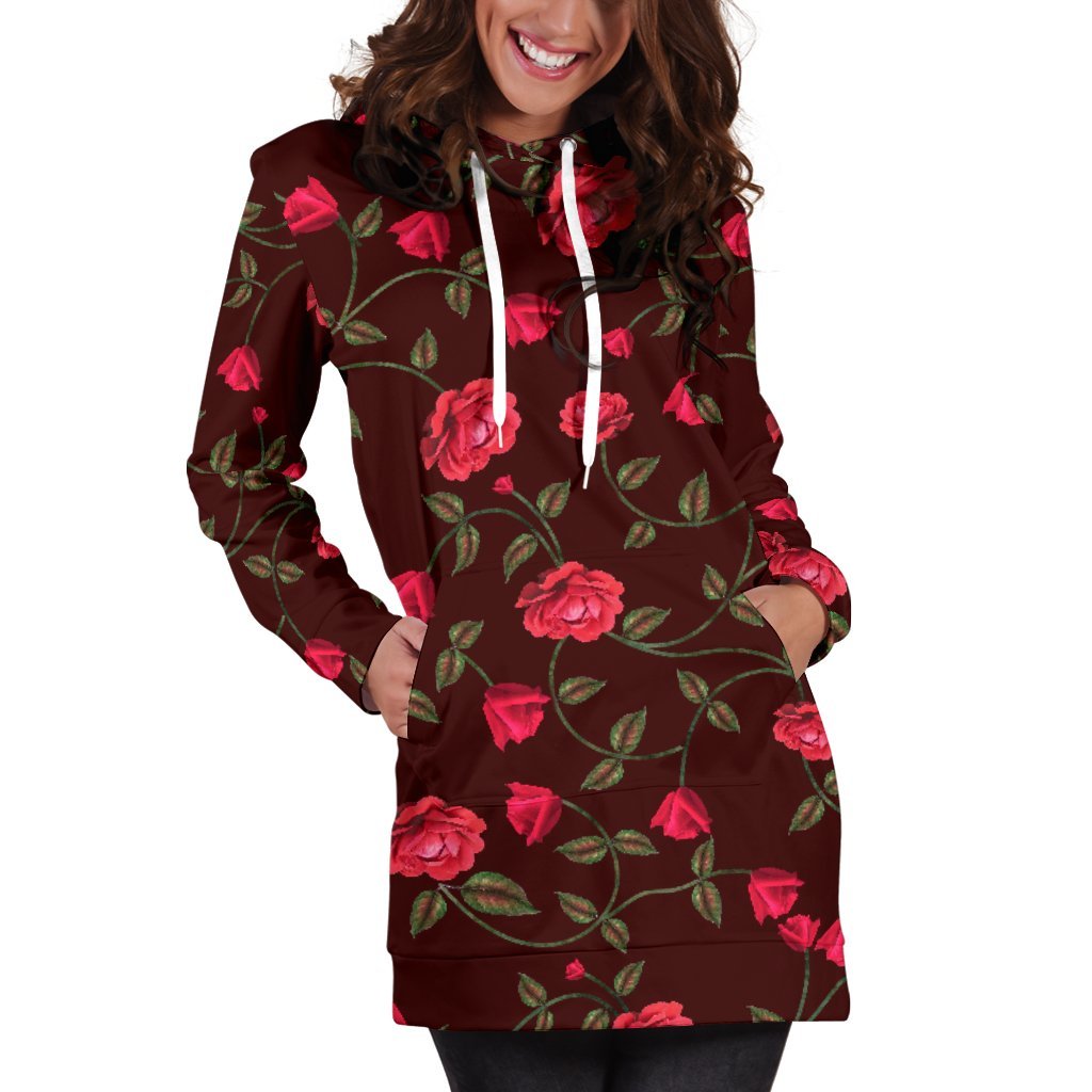 Red Rose Floral Flower Pattern Print Hoodie Dress GearFrost