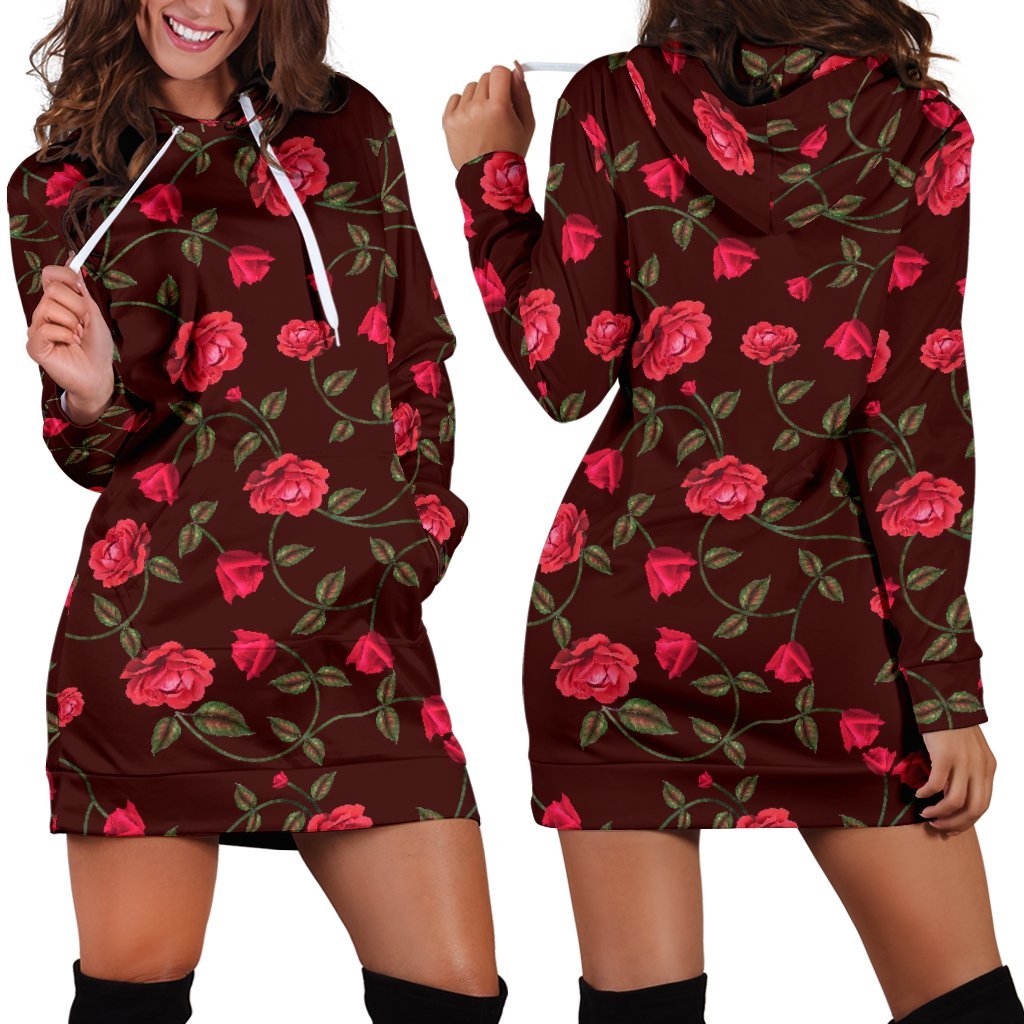 Red Rose Floral Flower Pattern Print Hoodie Dress GearFrost