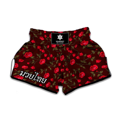 Red Rose Floral Flower Pattern Print Muay Thai Boxing Shorts