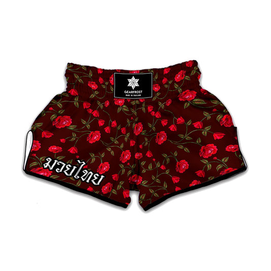 Red Rose Floral Flower Pattern Print Muay Thai Boxing Shorts