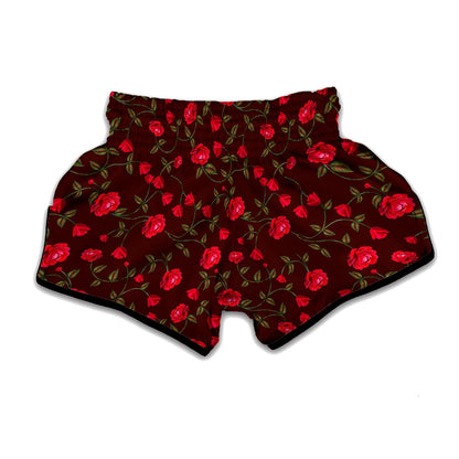 Red Rose Floral Flower Pattern Print Muay Thai Boxing Shorts