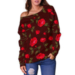 Red Rose Floral Flower Pattern Print Off Shoulder Sweatshirt GearFrost