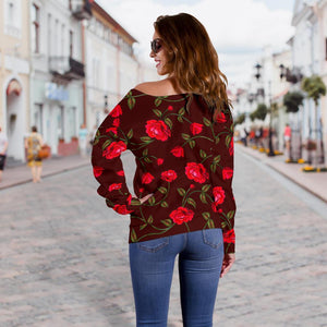 Red Rose Floral Flower Pattern Print Off Shoulder Sweatshirt GearFrost