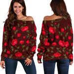 Red Rose Floral Flower Pattern Print Off Shoulder Sweatshirt GearFrost