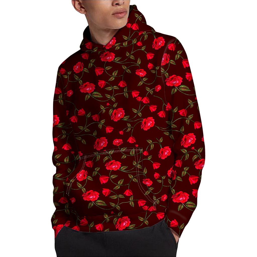 Red Rose Floral Flower Pattern Print Pullover Hoodie