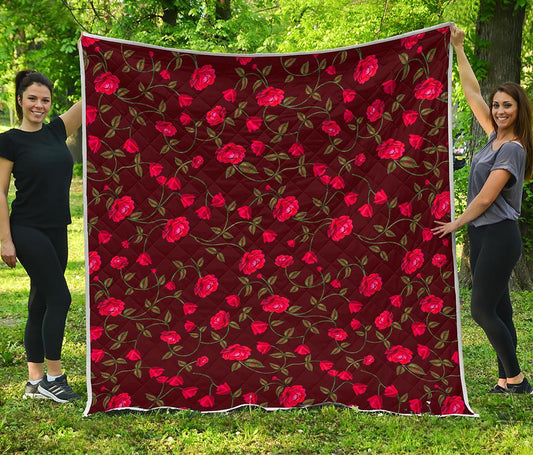 Red Rose Floral Flower Pattern Print Quilt
