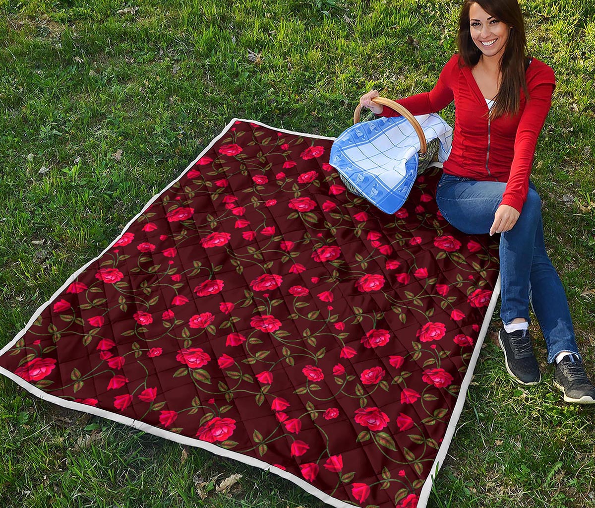 Red Rose Floral Flower Pattern Print Quilt