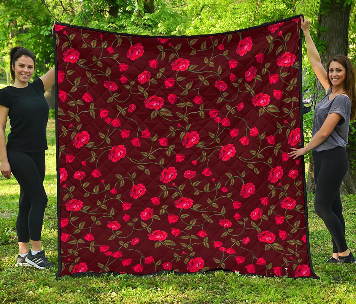Red Rose Floral Flower Pattern Print Quilt
