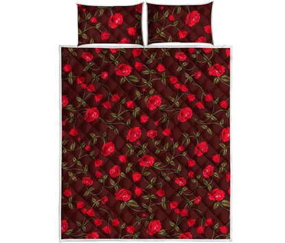 Red Rose Floral Flower Pattern Print Quilt Bed Set